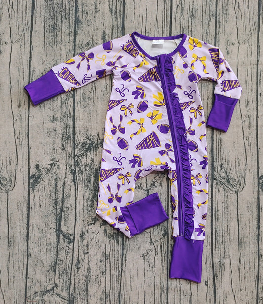 LR2513 baby girls football team purple zippy romper preorder