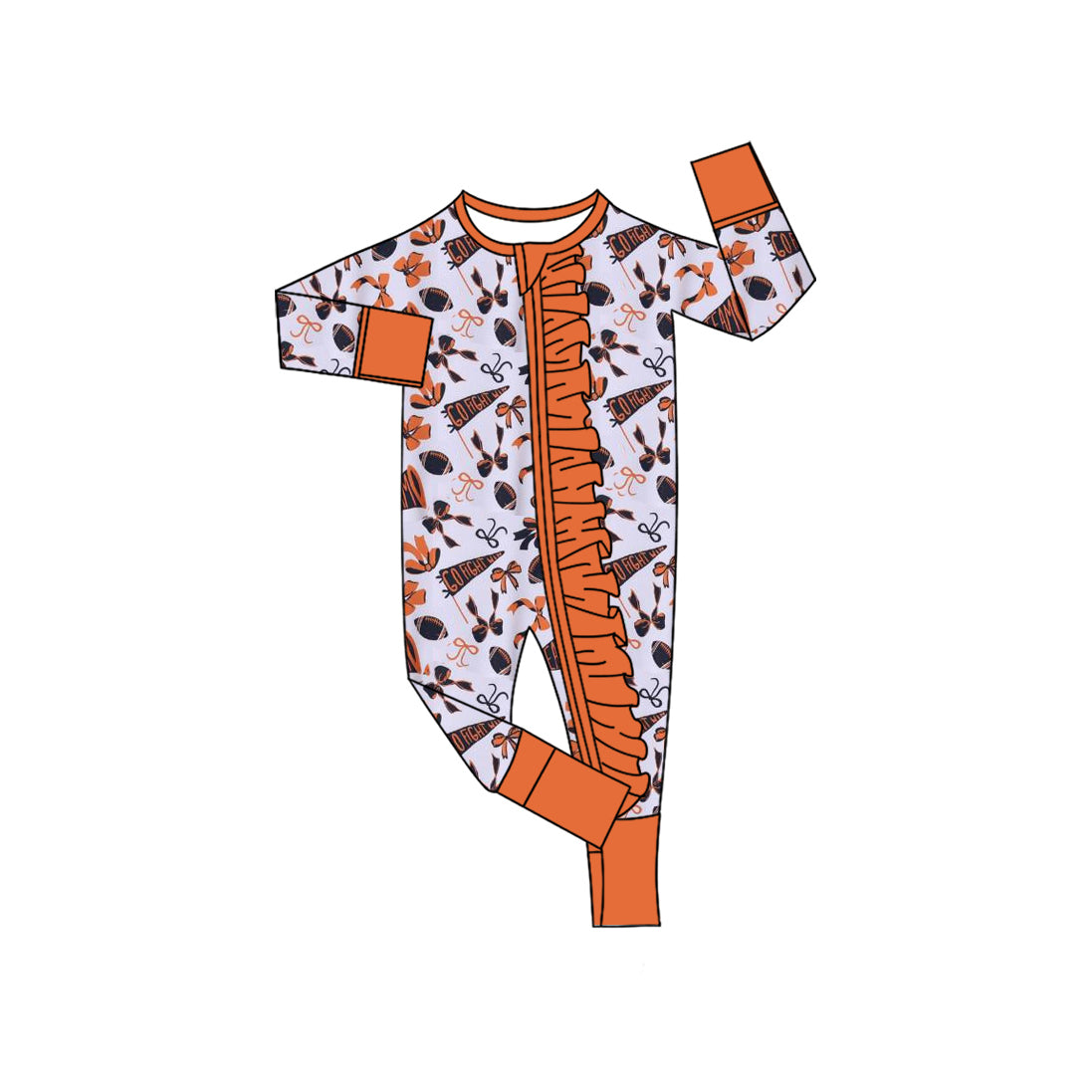 LR2514 baby girls football team orange zippy romper preorder