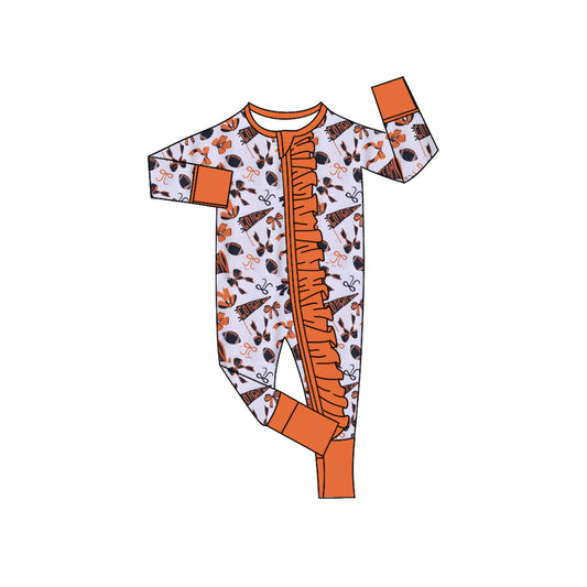 LR2514 baby girls football team orange zippy romper preorder