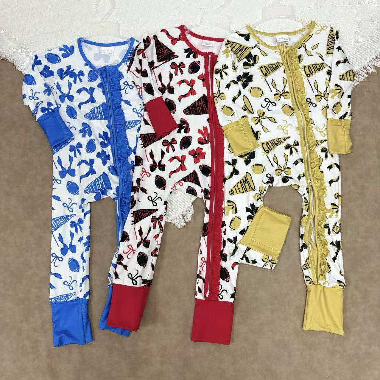 Sibling Baby Girls Long Sleeves Bows Footballs Go Team Ruffle Zipper Footie Rompers