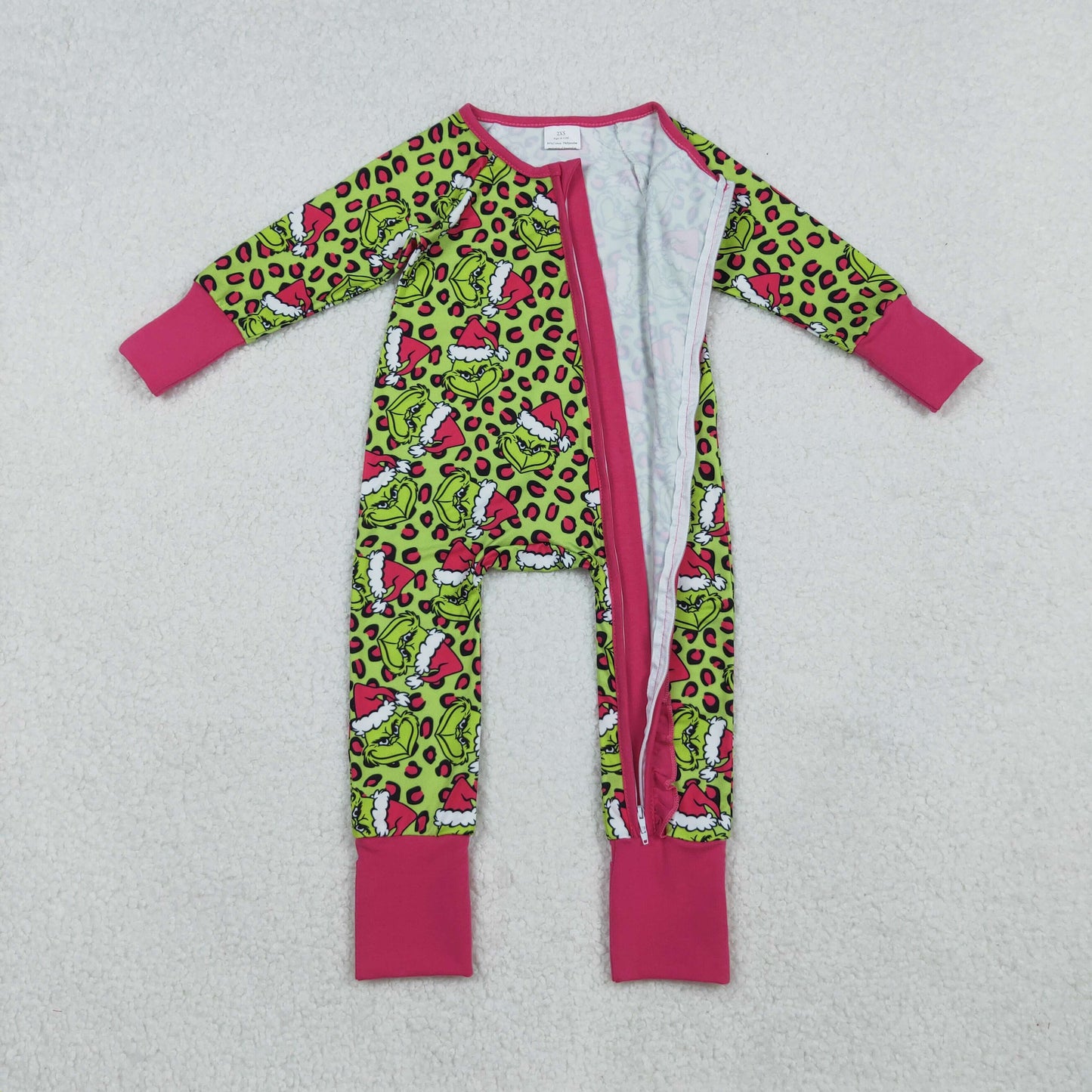 LR2520  Baby Girls Christmas Green Face Long Sleeve Footie Zippy Romper