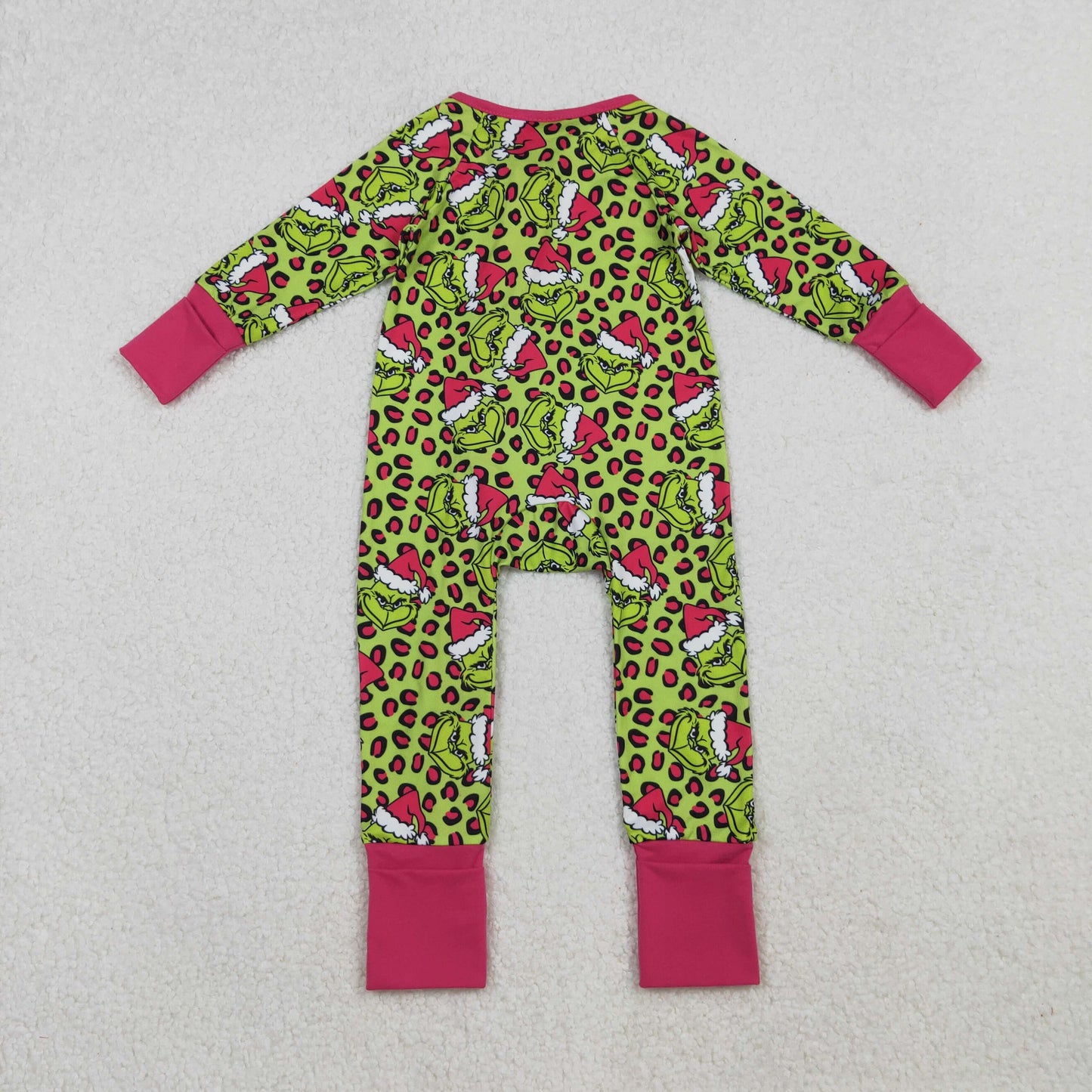 LR2520  Baby Girls Christmas Green Face Long Sleeve Footie Zippy Romper