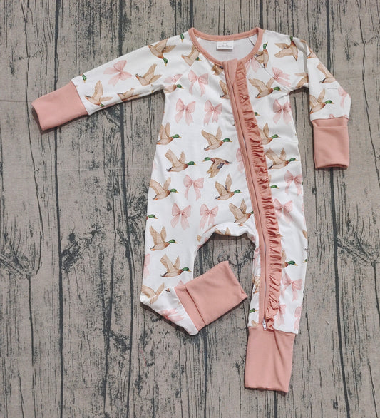 LR2545 Baby Girls Mallard Pink Bow Long Sleeve Zip Romper Preorder