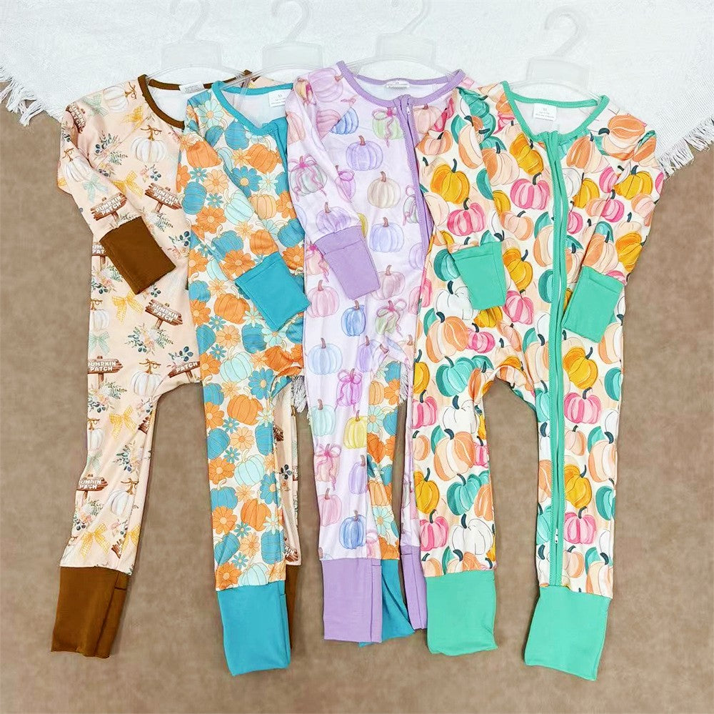 Baby Sibling Girls Fall Pumpkin Long Sleeve Footed Romper With Zippy