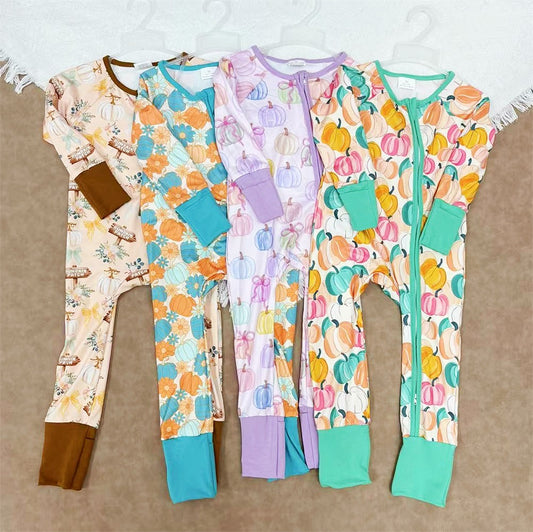Baby Sibling Girls Fall Pumpkin Long Sleeve Footed Romper With Zippy