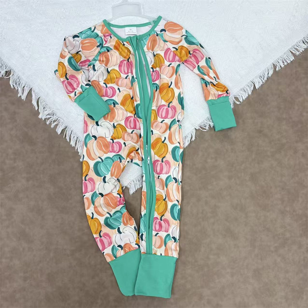 Baby Sibling Girls Fall Pumpkin Long Sleeve Footed Romper With Zippy