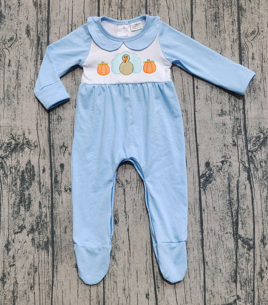 LR2557 Baby Boys Thanksgiving Turkey Long Sleeve Footed Romper
