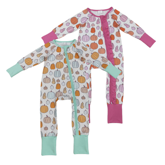 LR2566 Baby Girls Pumpkin Long Sleeve Zip Footie Romper