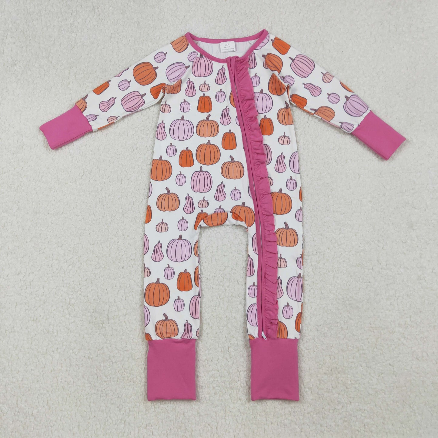 LR2566 Baby Girls Pumpkin Long Sleeve Zip Footie Romper