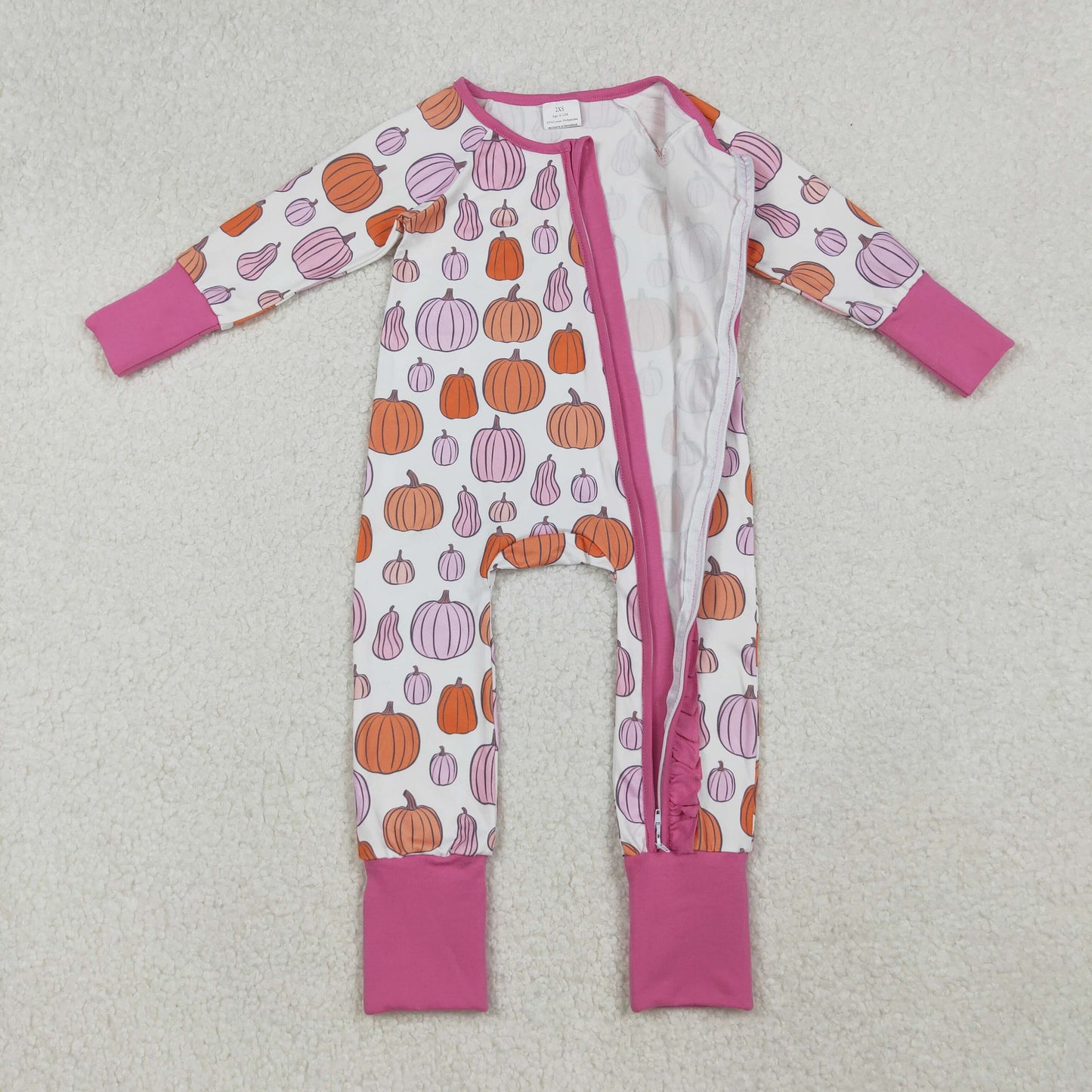 LR2566 Baby Girls Pumpkin Long Sleeve Zip Footie Romper