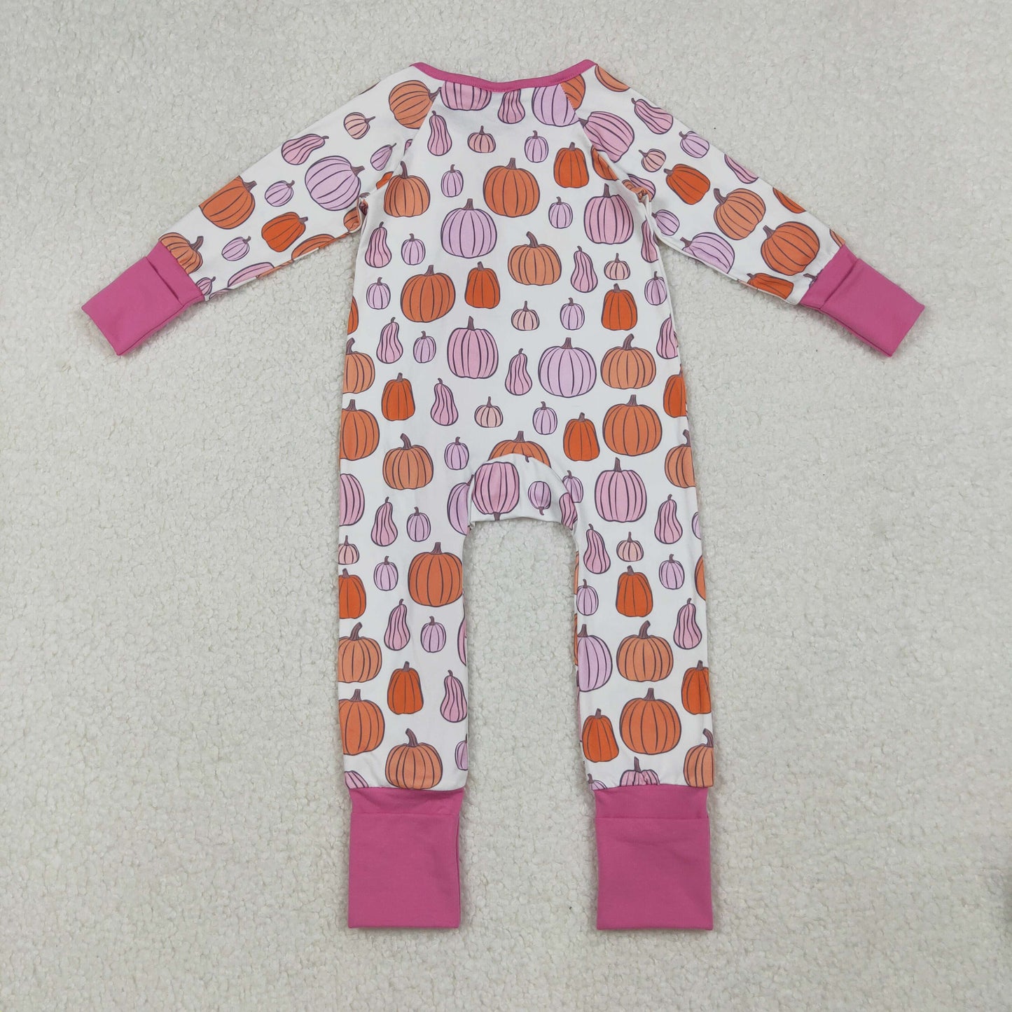 LR2566 Baby Girls Pumpkin Long Sleeve Zip Footie Romper