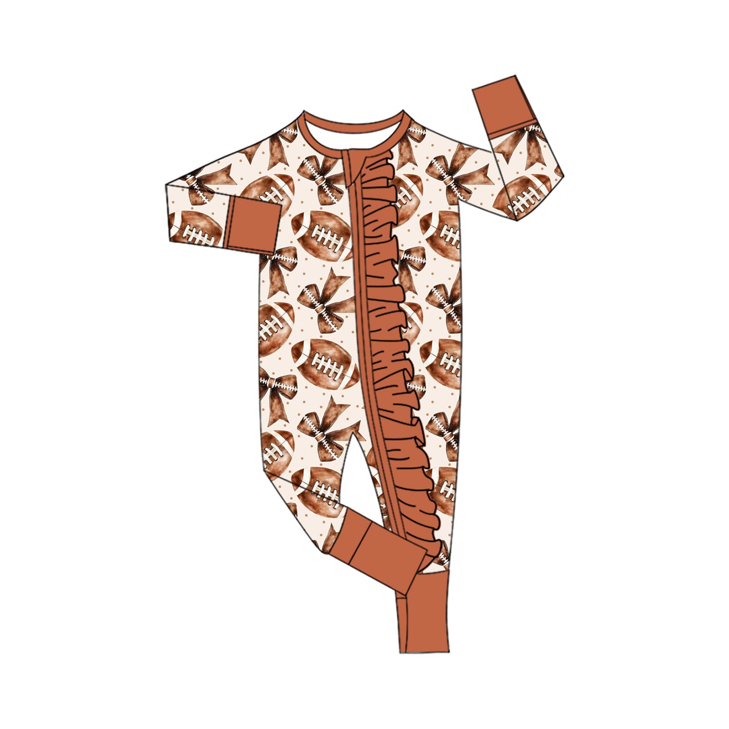 LR2572 Baby Girls Football Bow Long Sleeve Zipper Romper