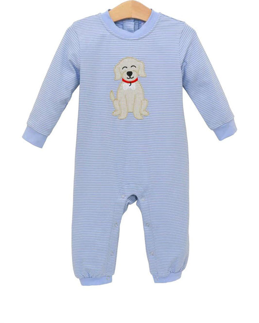 LR2579 Baby Boys Dog Long Sleeve Blue Striped Romper Preorder