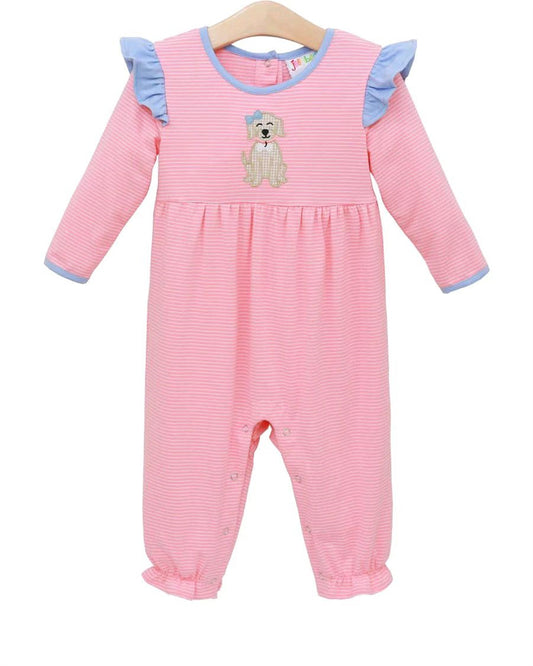 LR2580 Baby Girls Dog Long Sleeve Pink Striped Romper Preorder