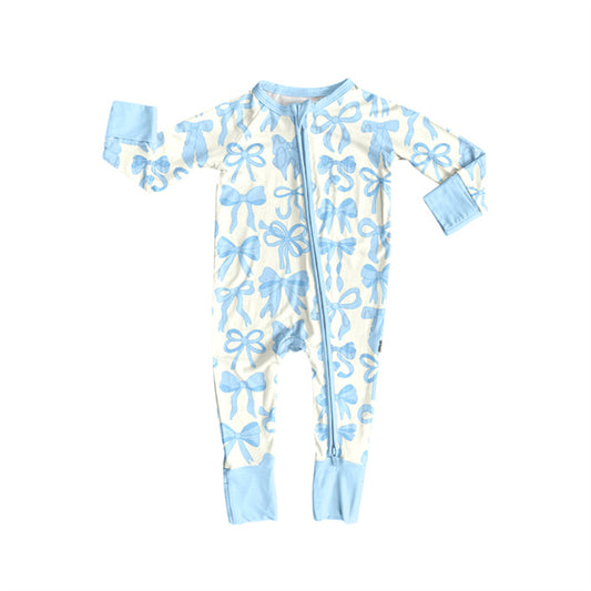 LR2581 Baby Girls Blue Bow Long Sleeve Zip Romper Preorder