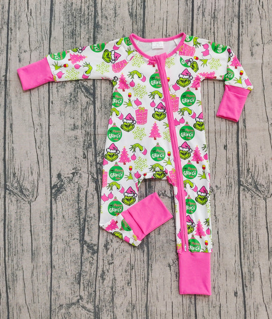 LR2588 Baby Girls Christmas Green Face Long Sleeve Footied Romper With Zippy Preorder