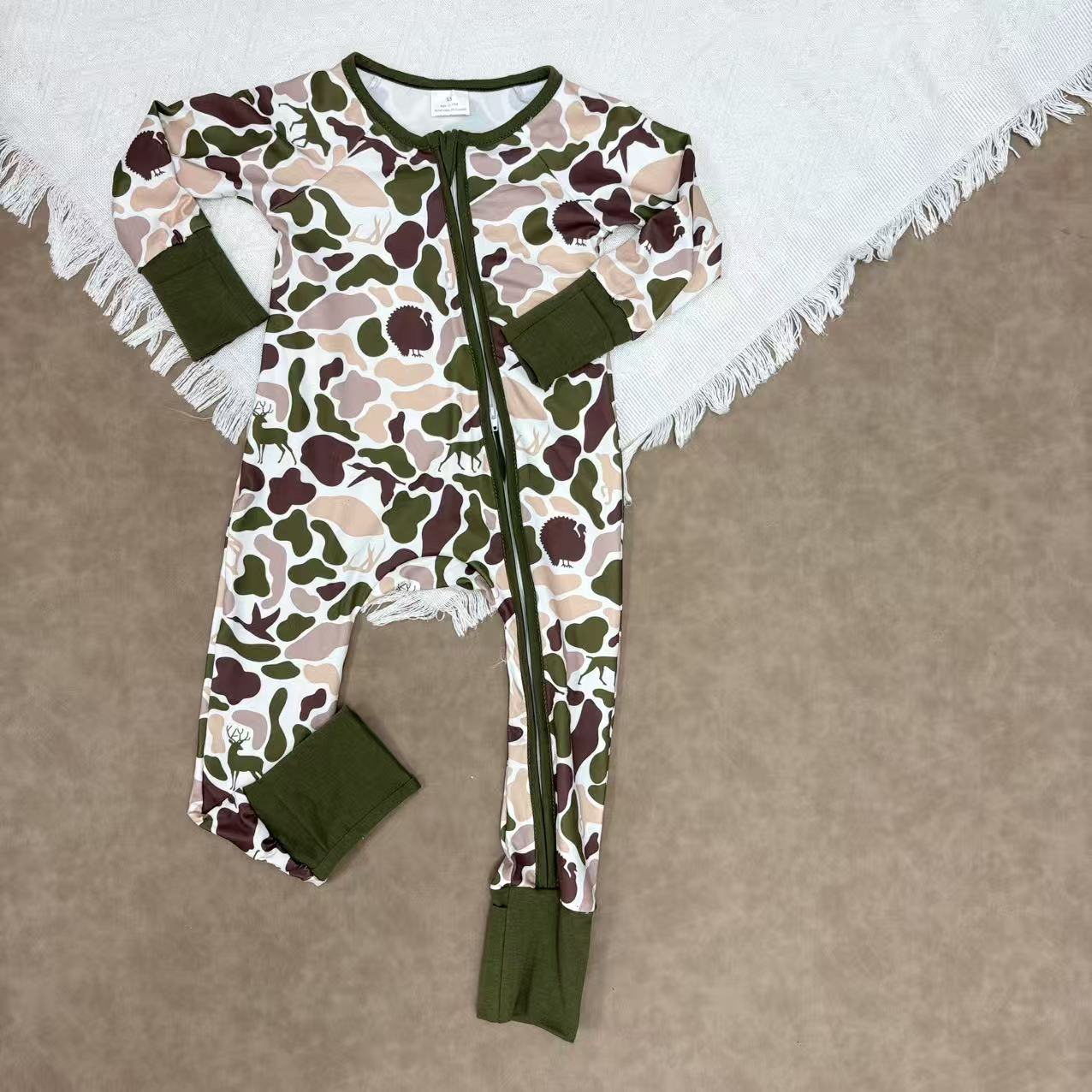 Sibling Baby Boys Green Camo Pajama Set/Romper