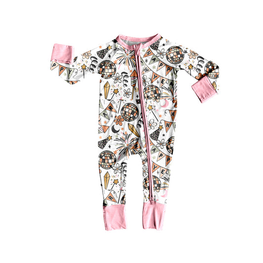 LR2612 Baby Girls  Happy New Year  Long Sleeve Footed Romper With Zippy Preorder