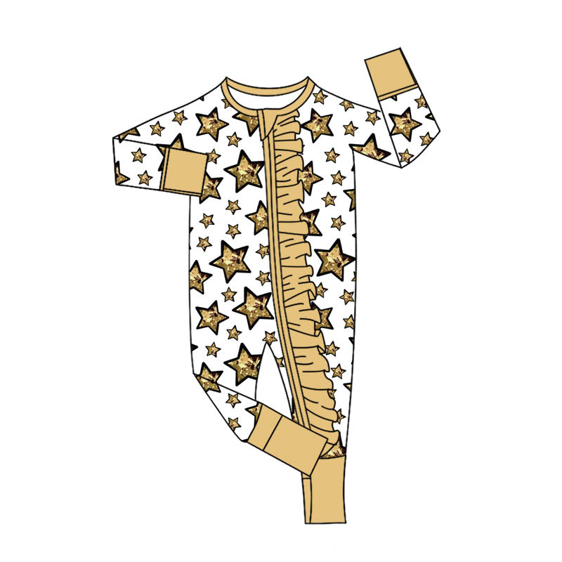 LR2620 Baby Girls Happy New Year Stars Long Sleeve Footied Romper With Zippy Preorder