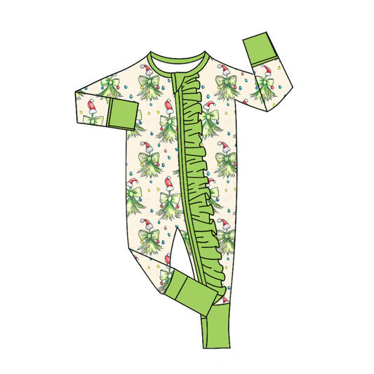 LR2621Baby Girls  Christmas Green Bow Long Sleeve Footied Romper With Zippy Preorder