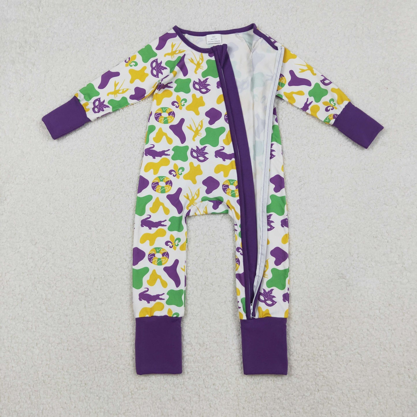 Sibling Baby Girls or Boys Mardi Gras Long Sleeve Zipper Romper Preorder