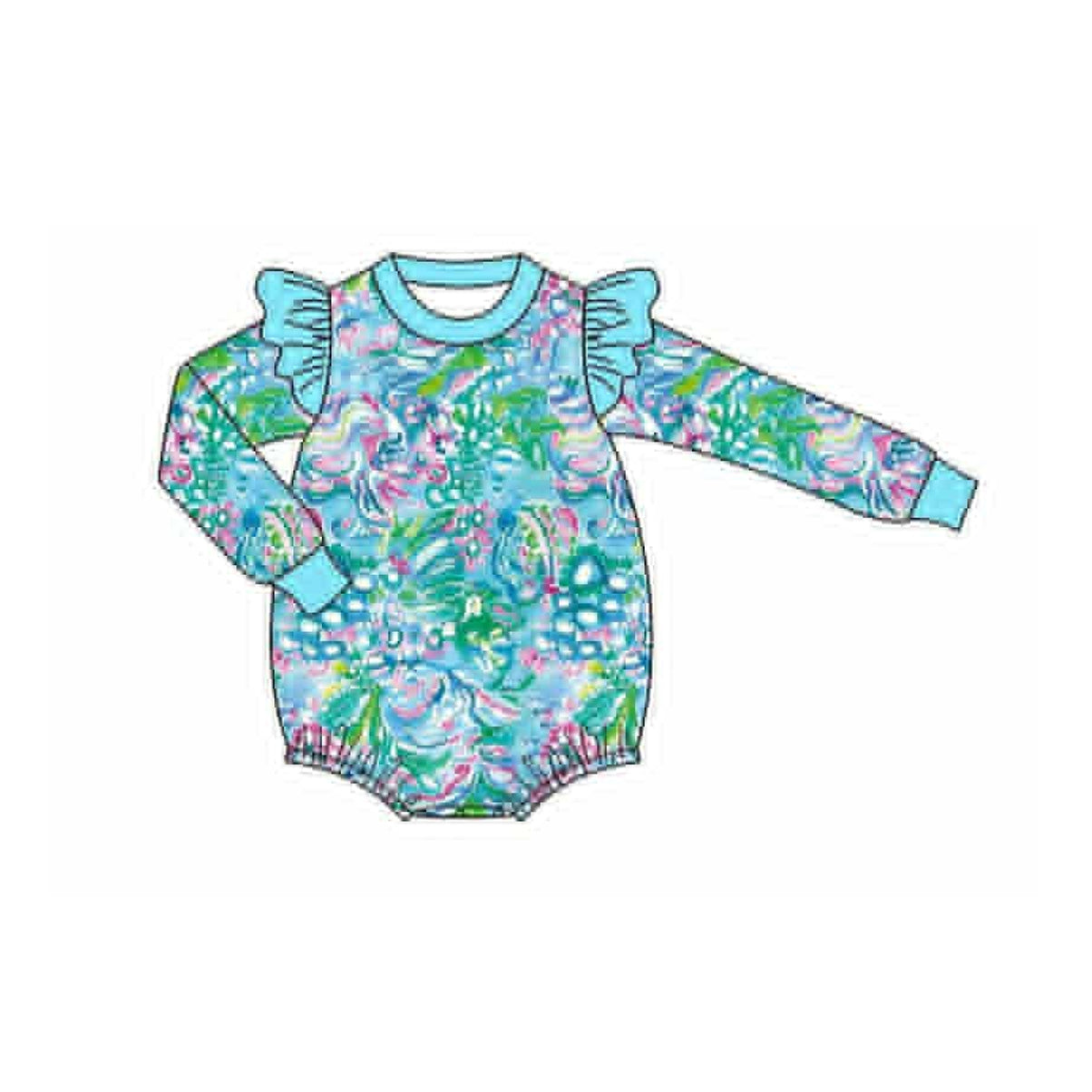 LR2647Baby Girls BLue Floral Long Sleeve Bubble Romper Preorder
