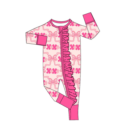 LR2653 Baby Girls Trellis Bow XOXO Long Sleeve Zippy Romper Preorder