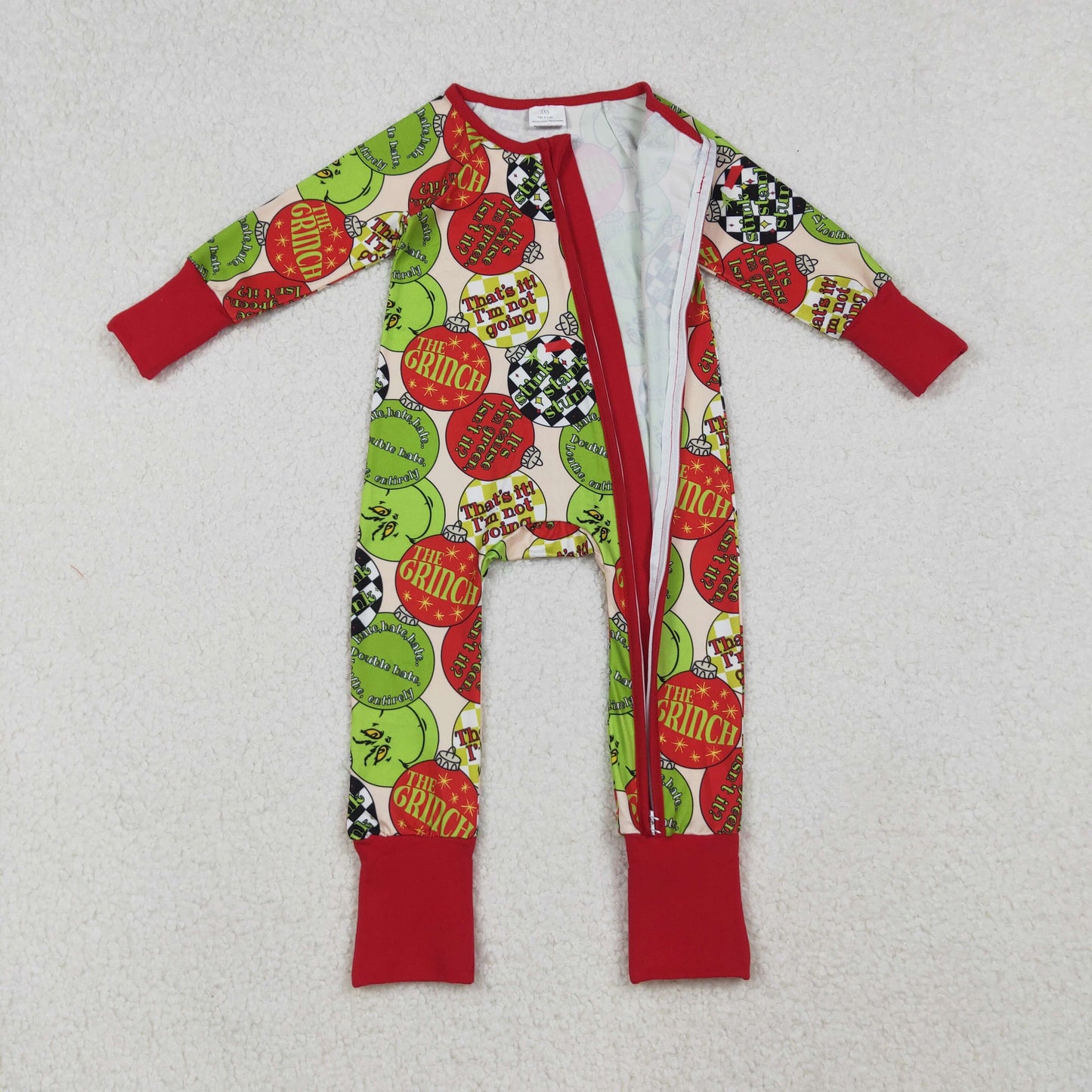 Sibling Baby Christmas Green Face Light Long Sleeve Pajama Set /Dress /Zipper Romper