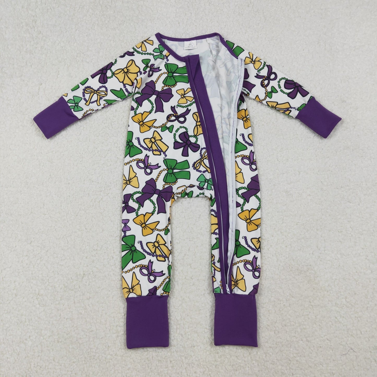 Sibling Baby Girls or Boys Mardi Gras Long Sleeve Zipper Romper Preorder