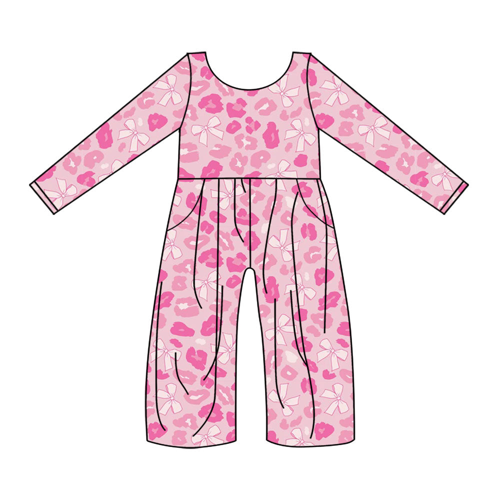 LR2685 Kids Girls Pink Leopard Bow Jumpsuit Preorder