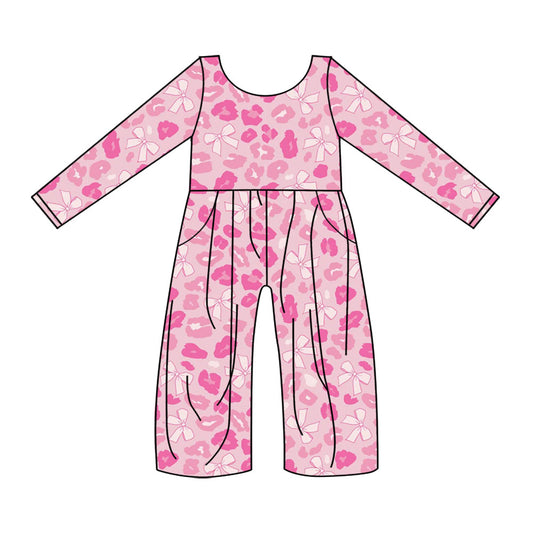 LR2685 Kids Girls Pink Leopard Bow Jumpsuit Preorder