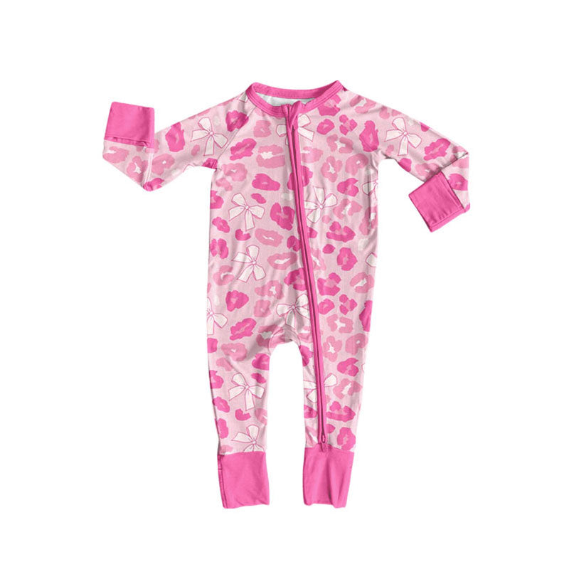 LR2686 Baby Girls Pink Leoaprd Bow Long Sleeve Footie Romper Preorder