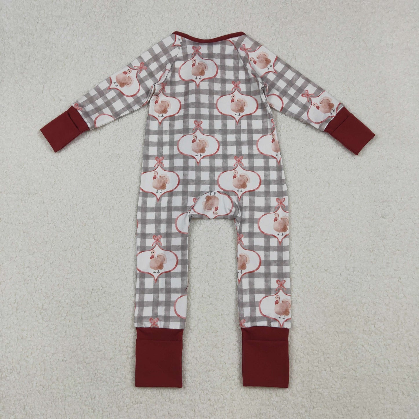 Sibling Baby Girls Turkey Grey Gingham Long Sleeve Pajama Set/Romper