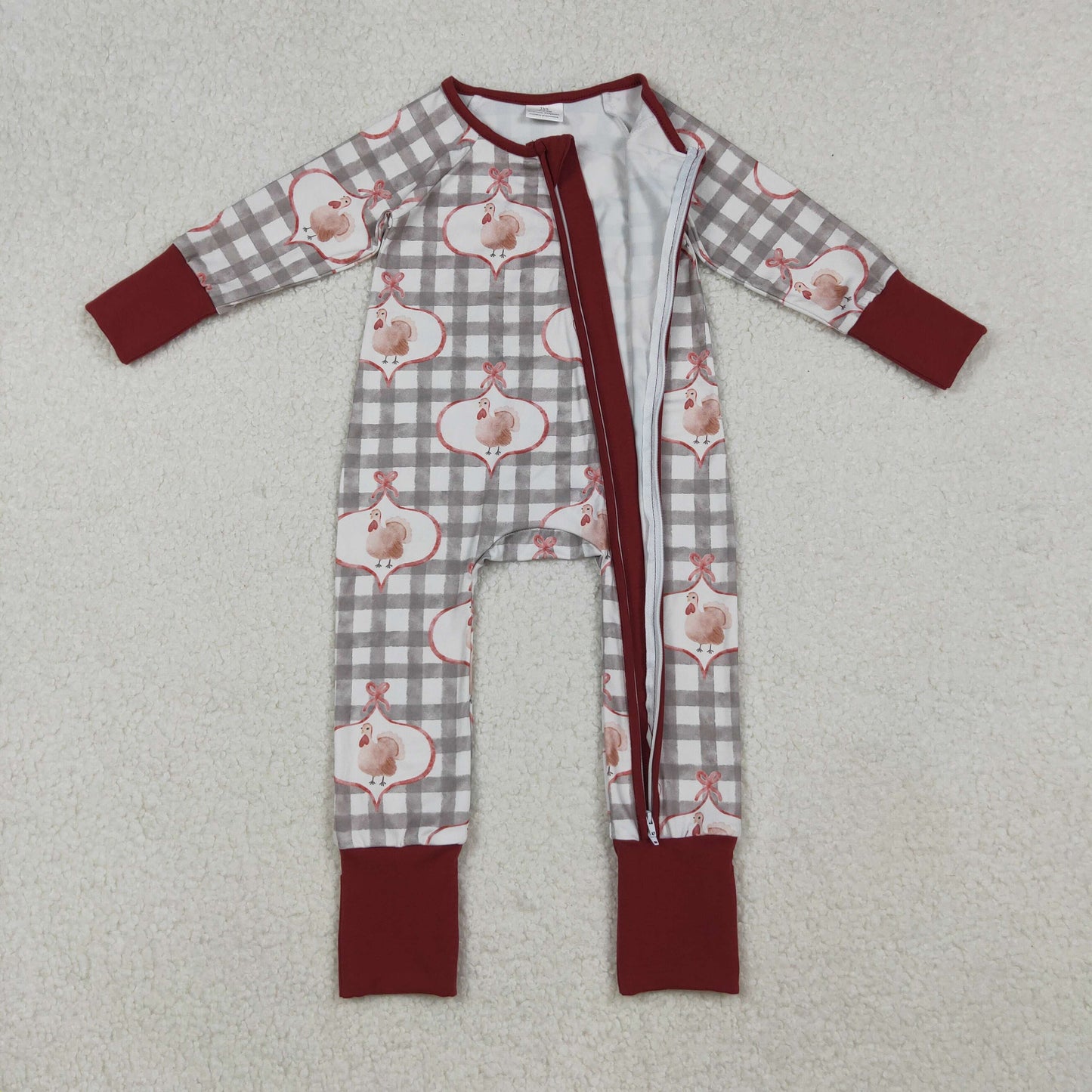 Sibling Baby Girls Turkey Grey Gingham Long Sleeve Pajama Set/Romper