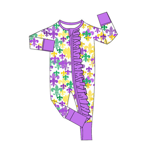 LR2694 Baby Girls Mard Gras Long Sleeve Zippy Footie Romper Preorder