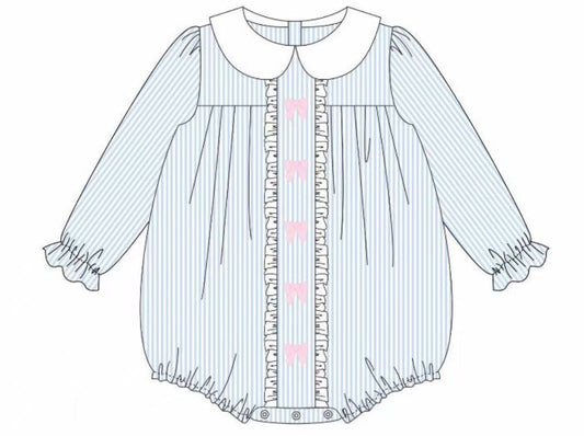 LR2726 Baby Girls Blue Striped Pink Bow Long Sleeve Bubble Romper Preorder