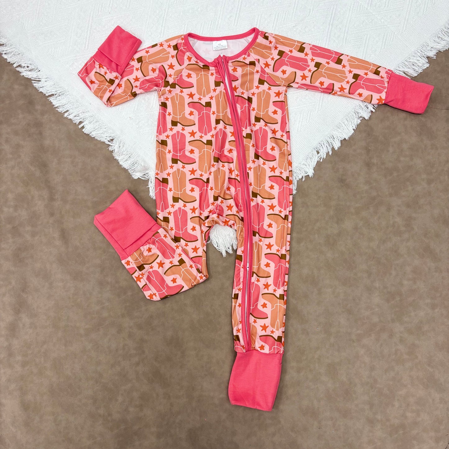 LR2733 Baby Girls  Western Boots Long Sleeve Fooited Romper