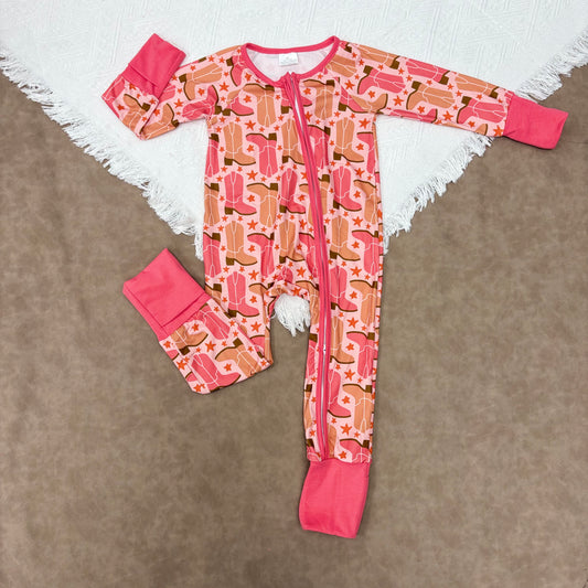 LR2733 Baby Girls  Western Boots Long Sleeve Fooited Romper