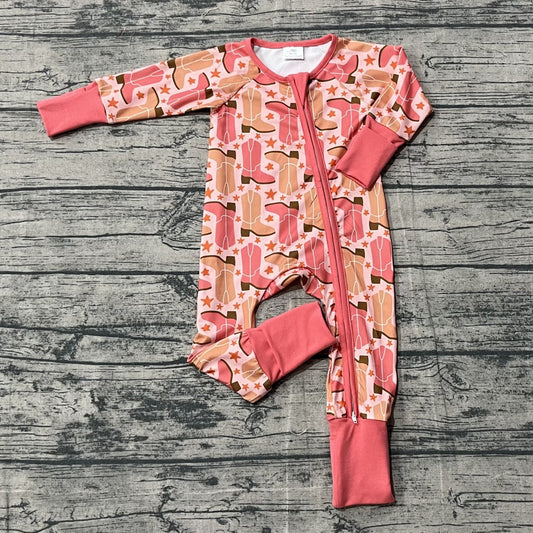 LR2733 Baby Girls  Western Boots Long Sleeve Fooited Romper