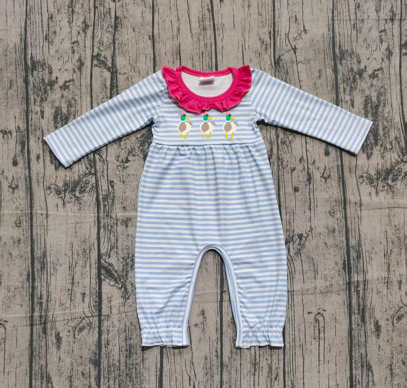 LR2738 Baby Girls Mallard Duck Blue Striped Long Sleeve Romper Preorder