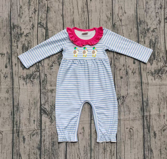 LR2738 Baby Girls Mallard Duck Blue Striped Long Sleeve Romper Preorder