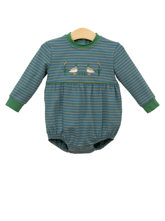 LR2739 Baby Boys Mallard Duck Striped Long Sleeve Bubble Romper