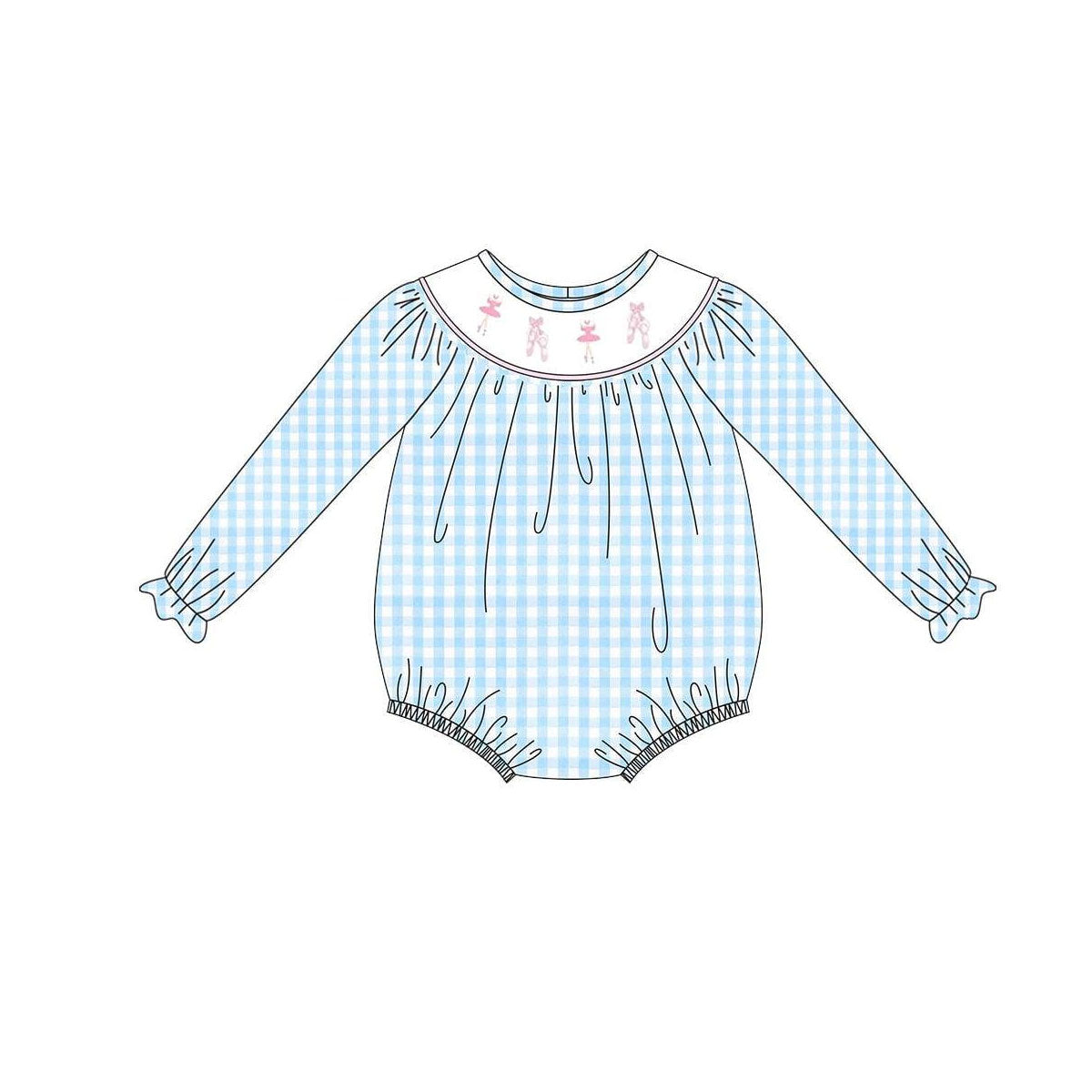 LR2741 Baby Girls Ballet Blue Gingham Long Sleeve Romper Preorder