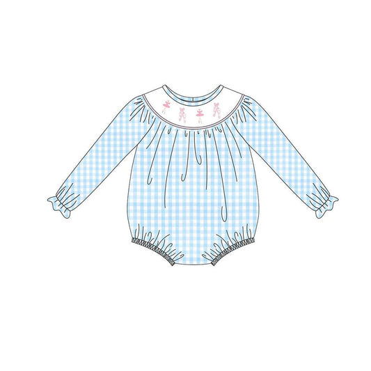 LR2741 Baby Girls Ballet Blue Gingham Long Sleeve Romper Preorder