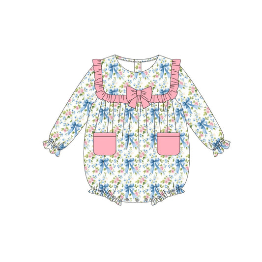 LR2754 Baby Girls Floral Blue Bow Long Sleeve Bubble Romper Preorder