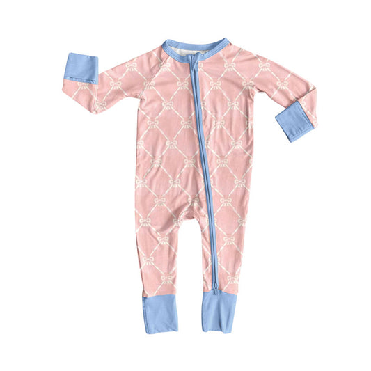 LR2757 Baby Girls Trellis Bow Long Sleeve Zipper Romper Preorder