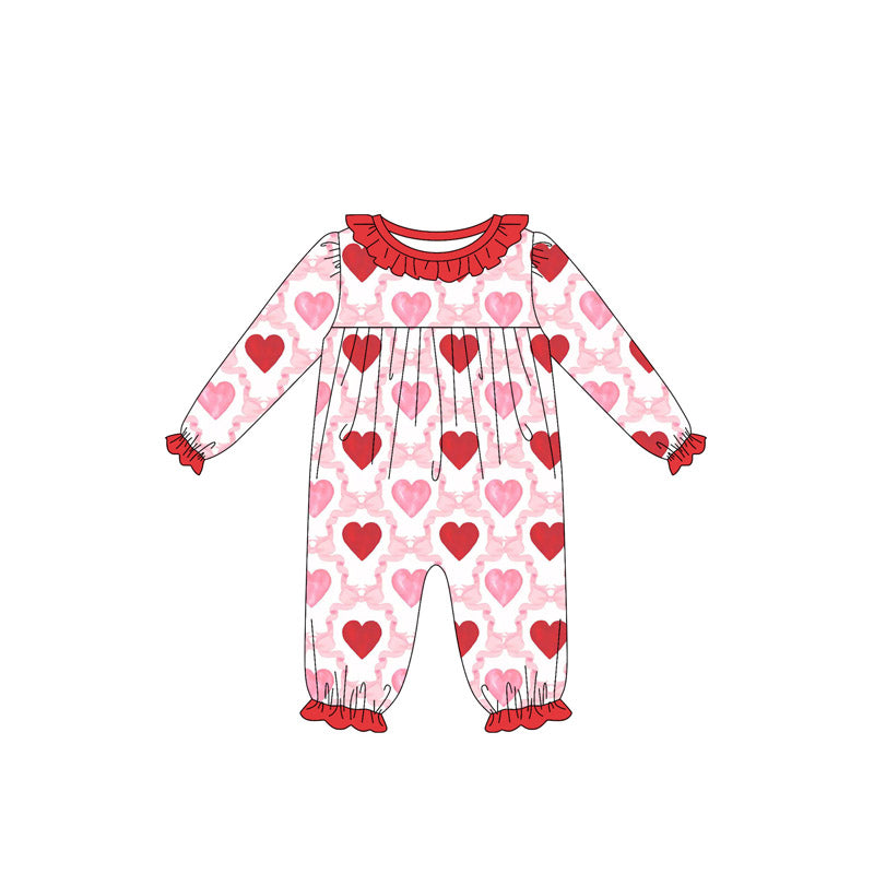 LR2761 Baby Girls Heart Trellis Bow Long Sleeve Romper Preorder