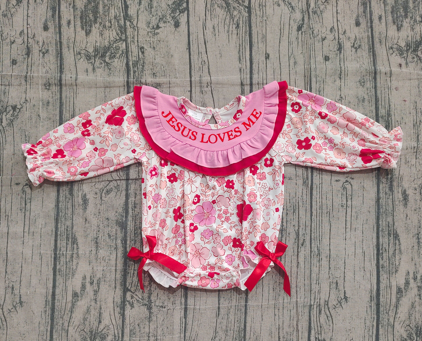 LR2769 Jusus Loves Me Pink Flowers Long Sleeve Bubble Romper Preorder