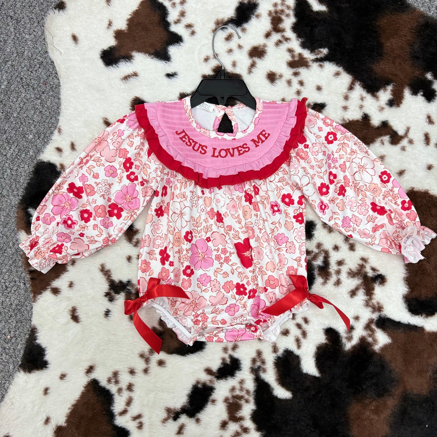 Sibling Baby Girls Pink Bow/Floral Long Sleeve Smocked Bubble Romper
