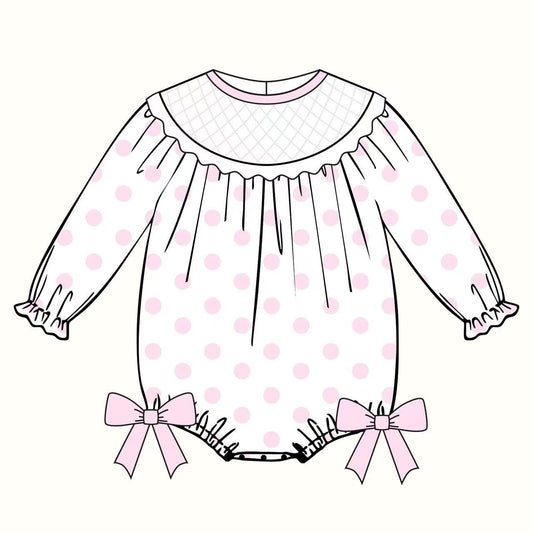 LR2772 Baby Girls Pink Polka Dot Smocked Long Sleeve Romper With Bow Preorder